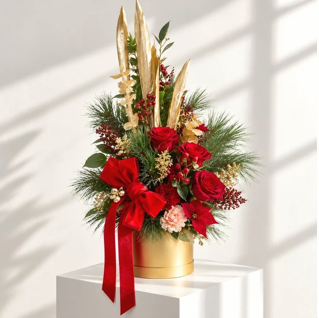 Goldene Flowerbox mit roten Rosen, Kiefer, goldenen Blättern und roter Samtschleife