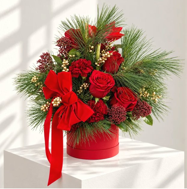 Flowerbox in Rot mit Rosen, Kiefer, Goldbeeren und Samtschleife